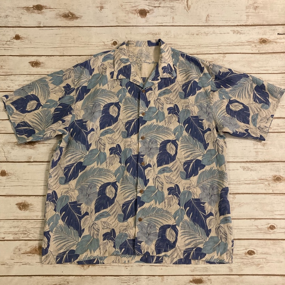 Tommy Bahama Blue and Cream Tropical Leaf Button-Down Shirt